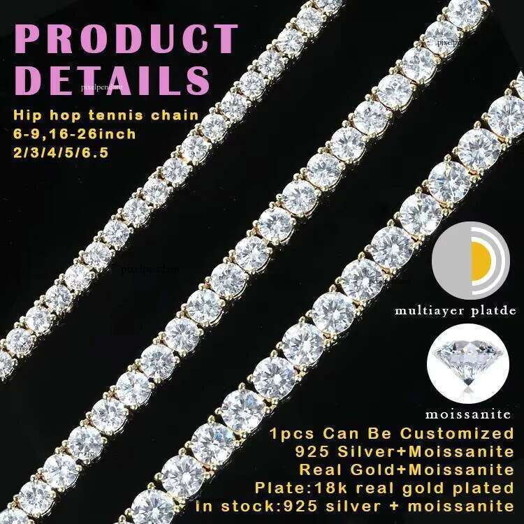 2mm 3mm 4mm 5mm 6.5mm Sterling Sier Hip Hop Men Bracelet Jewelry Moissanite Tennis Necklace Chain