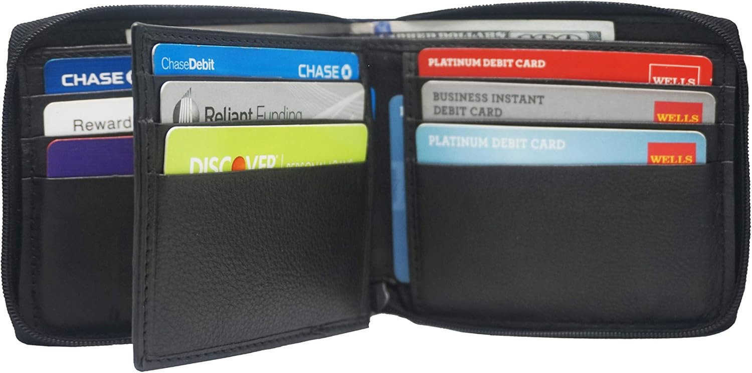 Mens Leather Zipper wallet Zip Around Wallet Bifold Multi Card Holder BlackZ250910