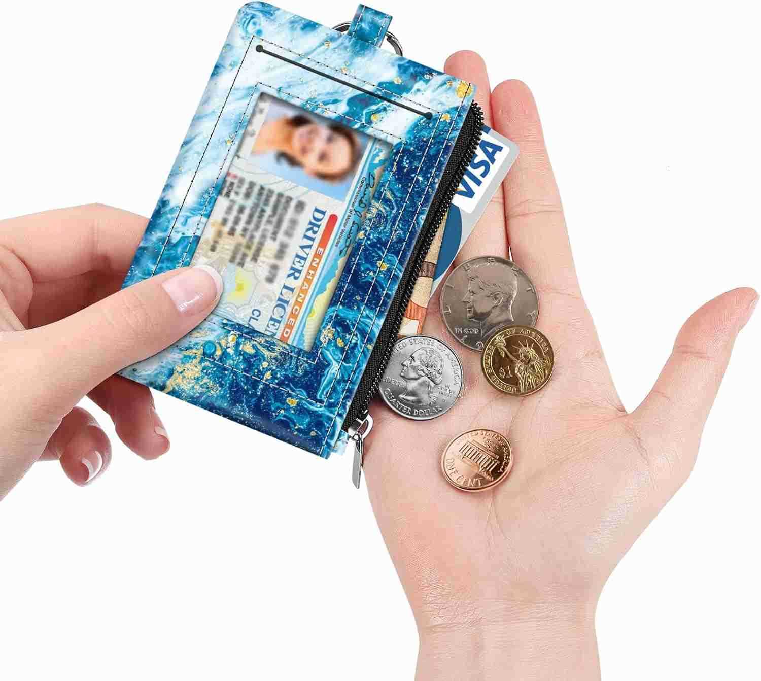 Zip ID Case Card Holder Slim Coin Purse Wallet RFID Blocking Change Pouch with Key ChainZ250910