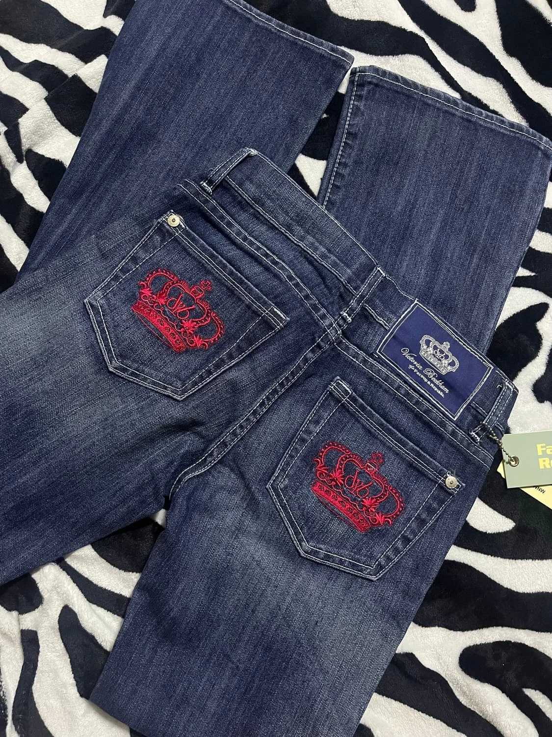 American Retro Rock Red Crown Embroidered Washed Blue Jeans Womens Y2K Harajuku Hip Hop Gothic Fashion Wide Pants Street Wear Z250910