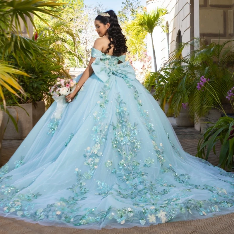 Water Blue Shiny Quinceanera Dresses Ball Gown Off The Shoulder Sequin Applique Lace Beads Bow Tull Sweet 16 Dress Vestidos 15 De Anos