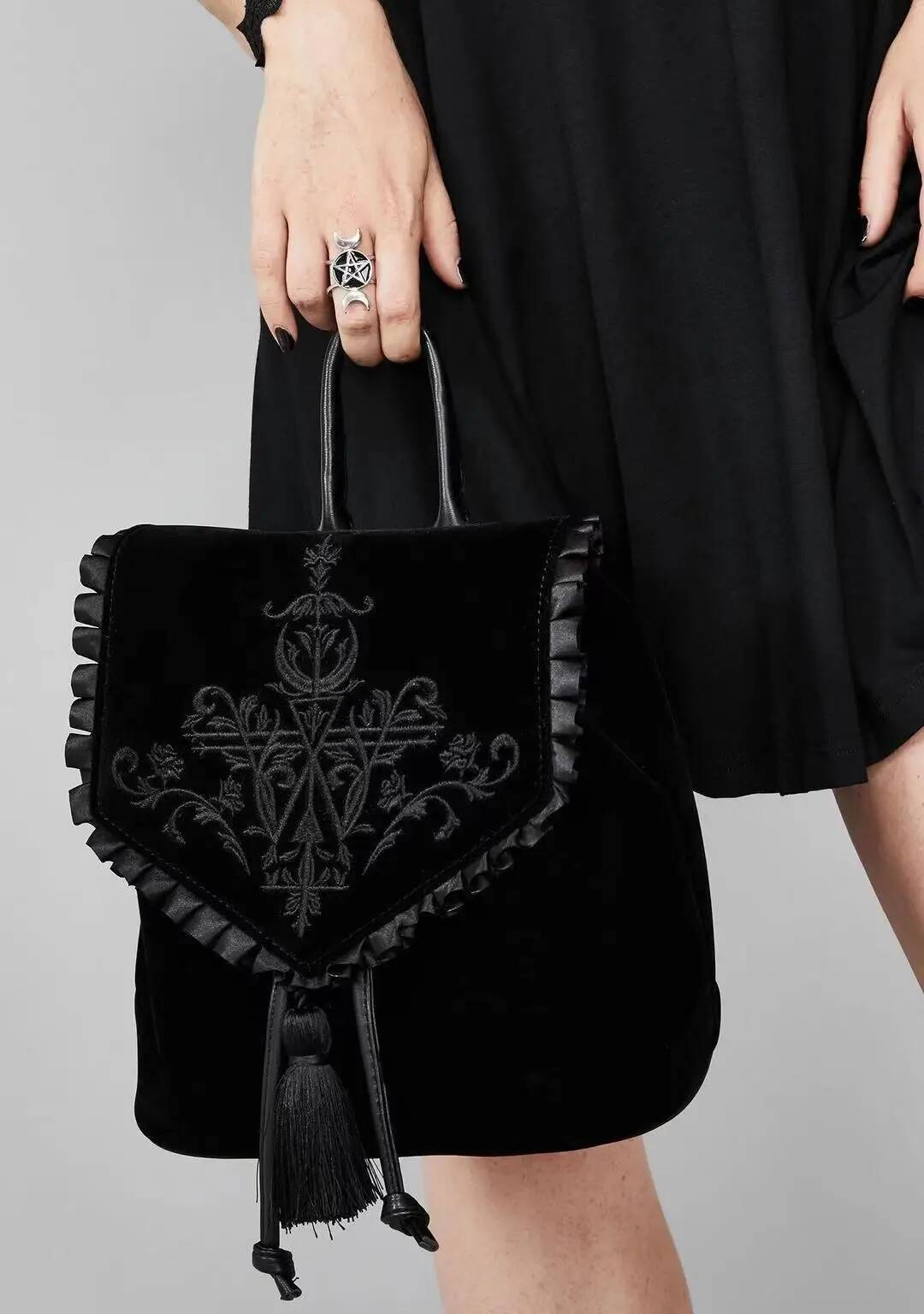 Dark Haruku Veet Witch Gothic Magic Embroidery Black Punk Rock Style Ladies Backpack Travel Shoulder Bag high-quality