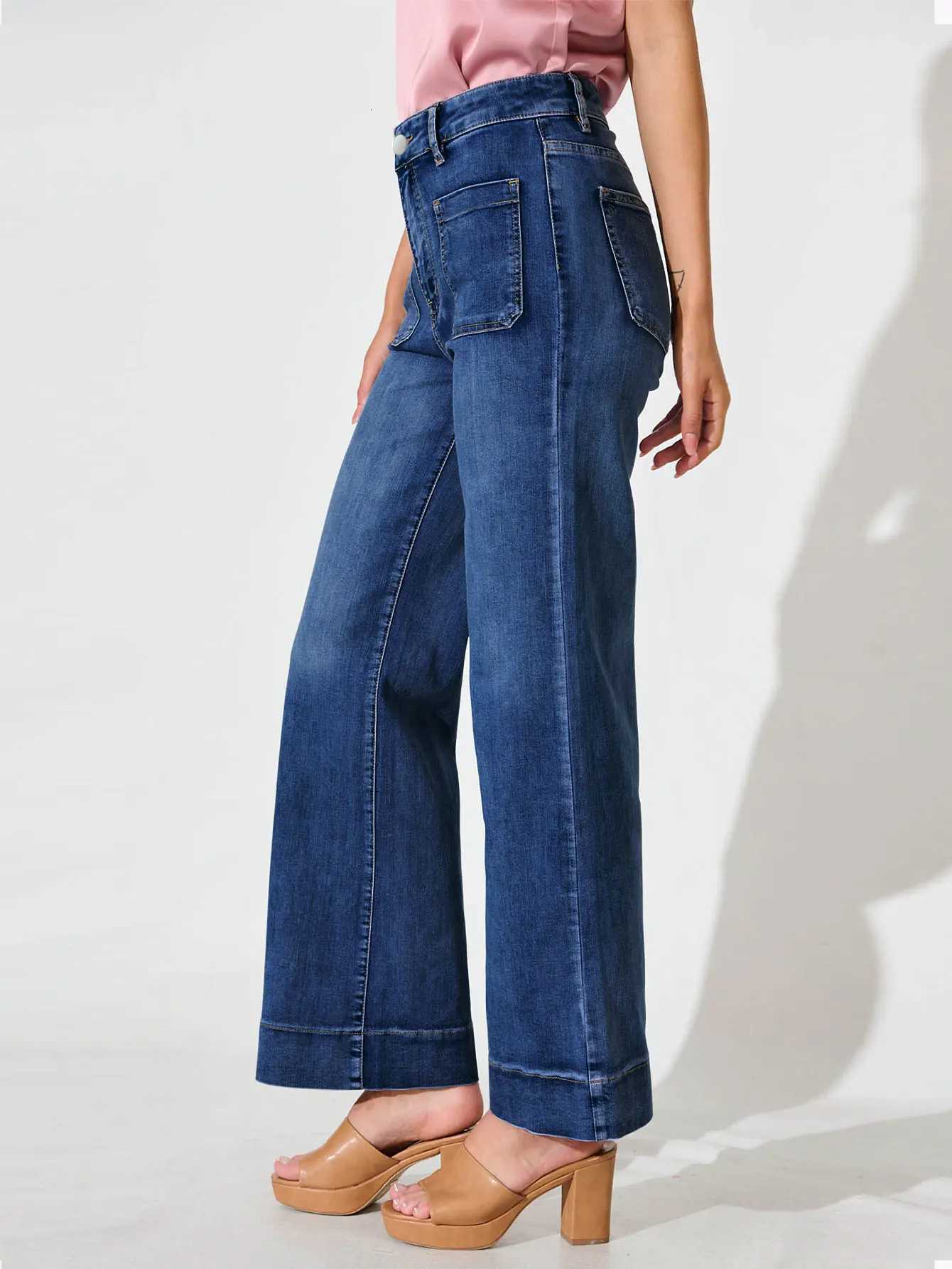 2025 New Womens Dark Blue MidRise Wide Leg Jeans Vintage Stretch Fabric Comfortable Soft Classic Casual Button Placket Jeans Z250910