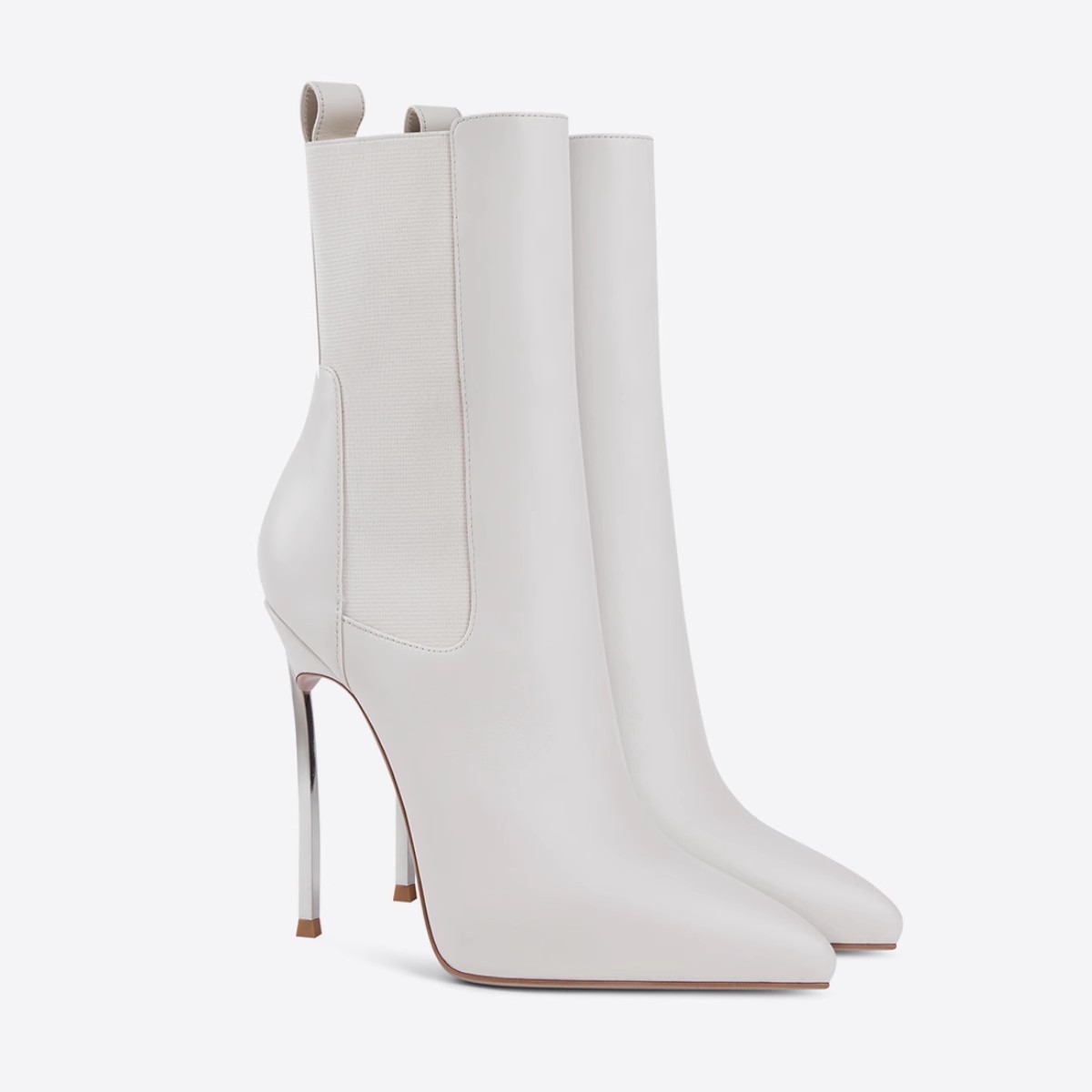 Chengdu Handmade Pointed Toe Chunky Heel Ankle Boots - Metal Accent Pull-On Boots (White/Black) European Style Fashion Boots