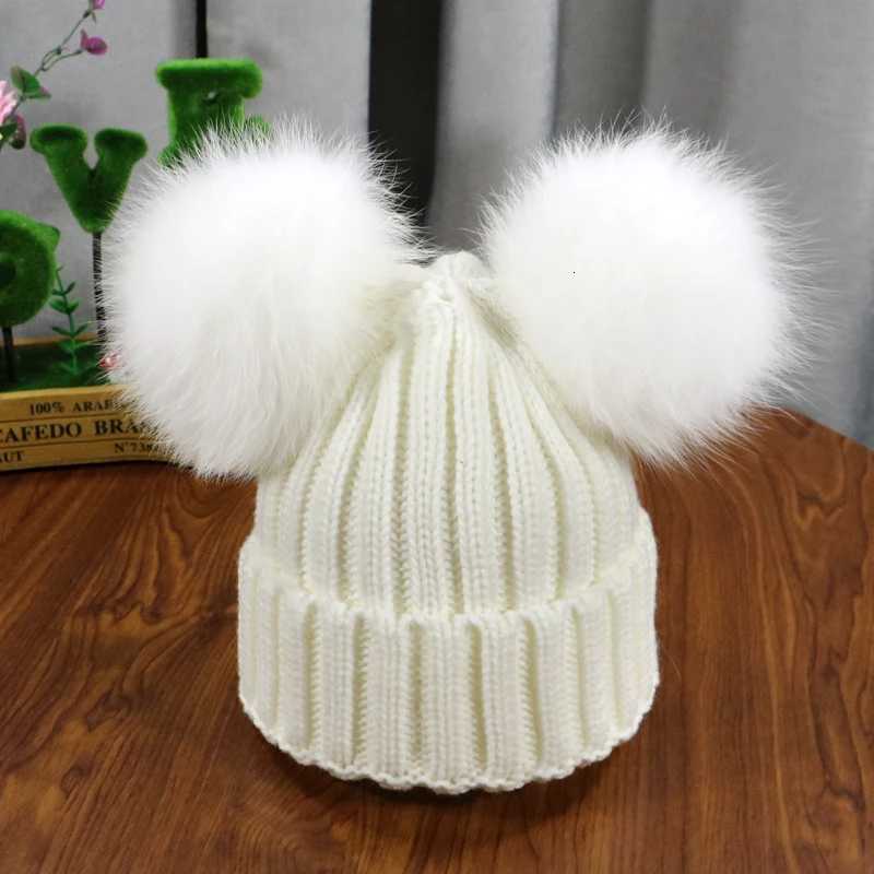 Winter Baby Knit Hat With Two natural Pompoms Boy Girls Natural Fur Beanie Kids Cs Double Real Fur Pom Hat for ChildrenXJ250910