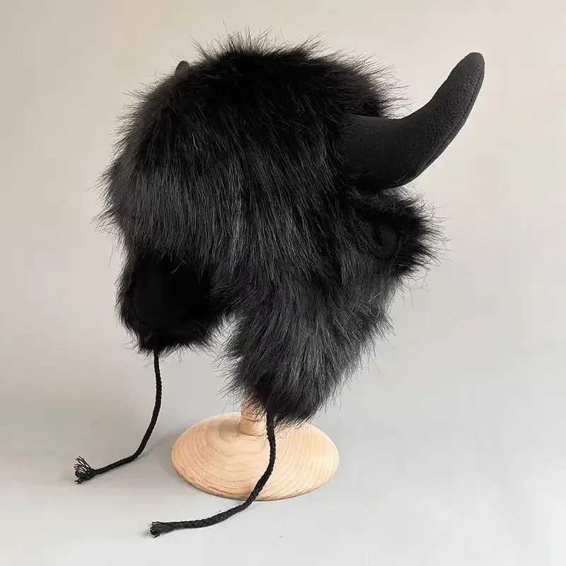 Winter Warm Big Black Cow Fur Thundeolt Hat Ear Protection Windproof ColdWeather Cotton C for Riding Electric CarXJ250910