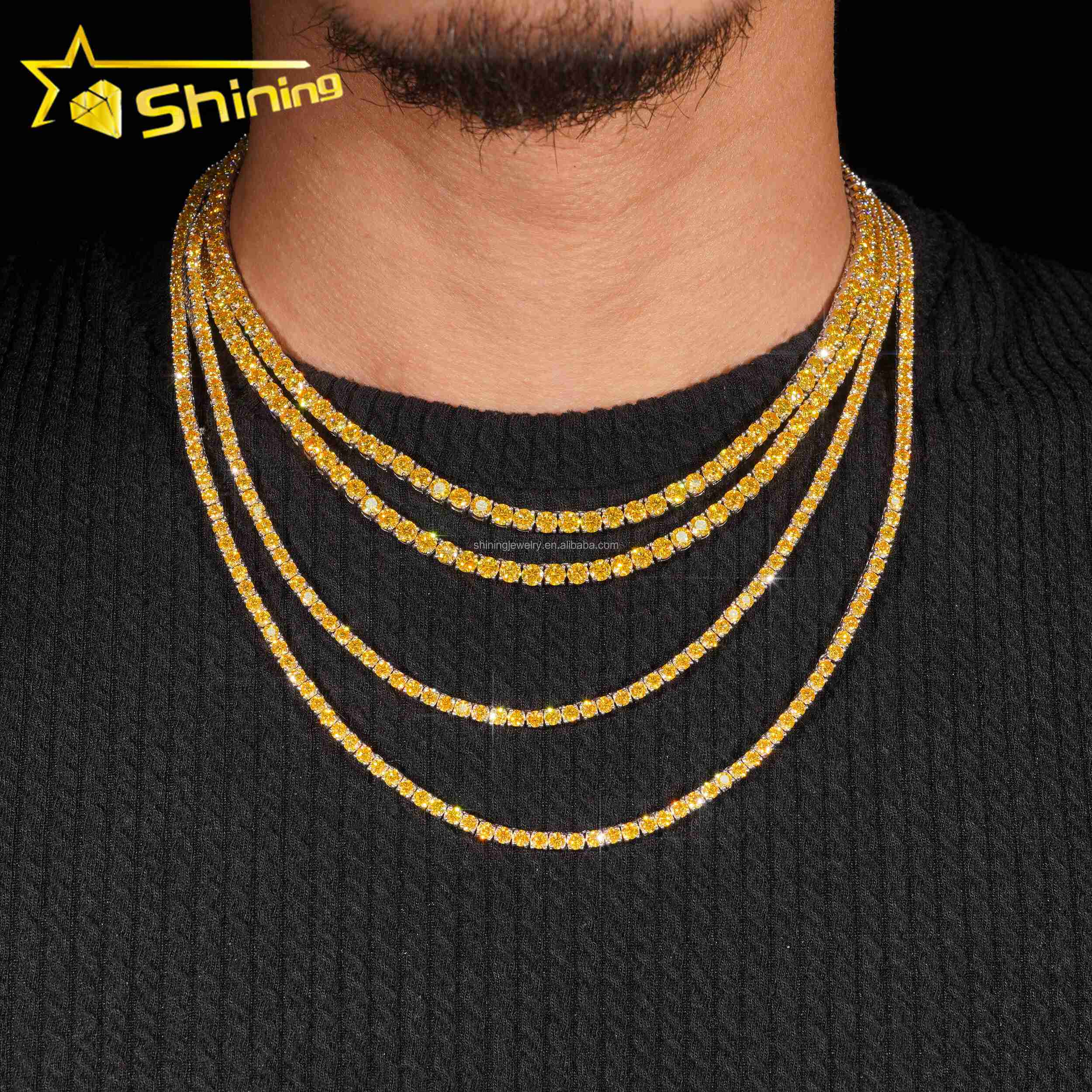 Hip Hop Jewelry New Style 925 Silver 3mm 4mm Yellow Gold Color Tennis Moissanite Chain High Quality Custom Necklace for Men