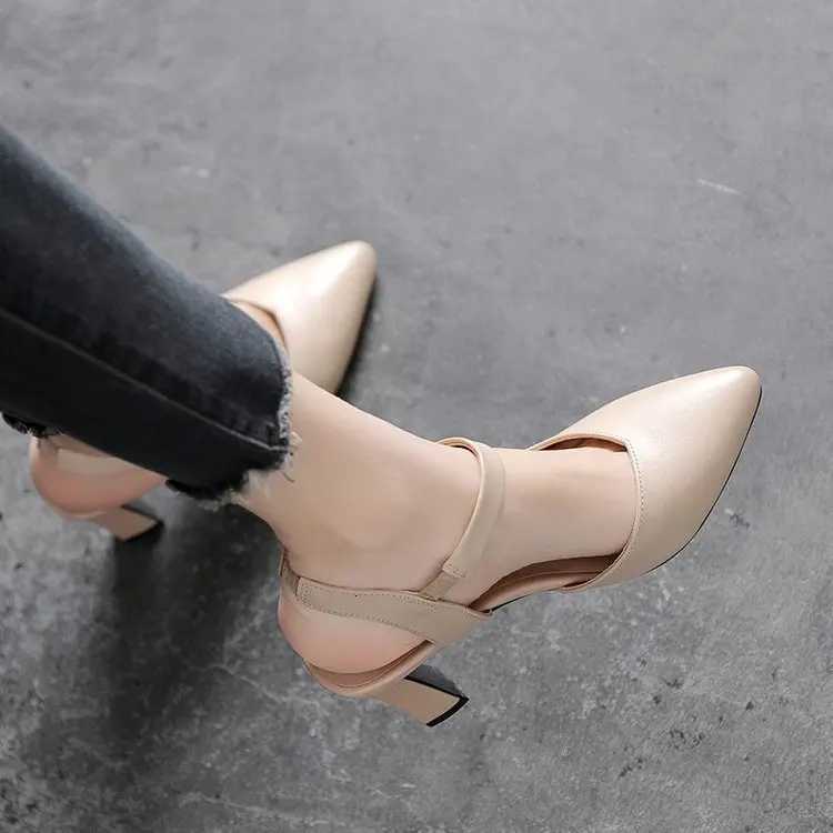 2023Soft Leather Solid Color Sandals Women Summer New Style Thick Heels with Baotou Fashion Highheeled Womens Shoes W250910