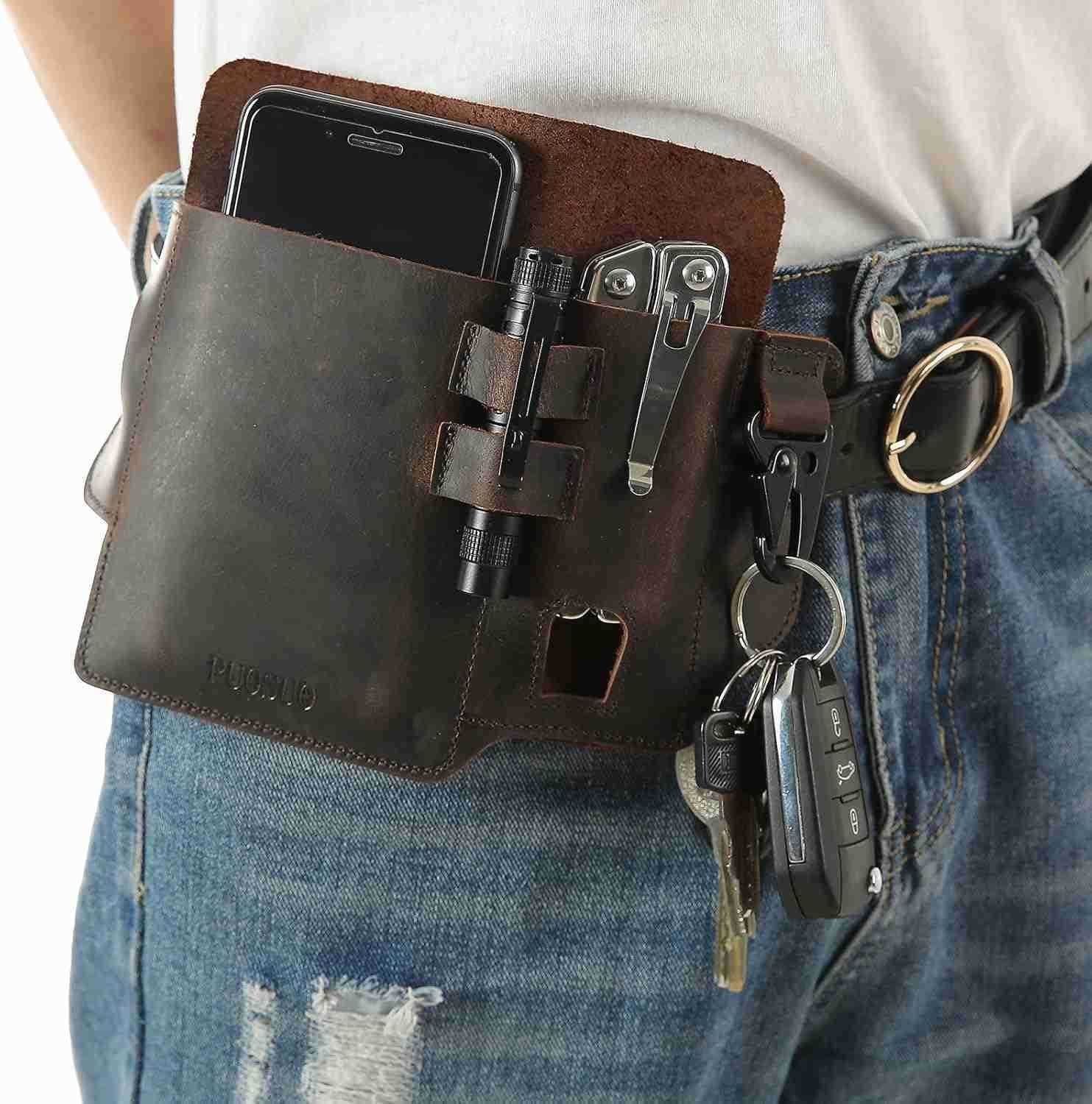 Outdoor Running Leather Cell Phone Holster for BeltMultitool Sheath with Key HolderExercise Waist Bag Compatible With Iphone 11 8 X 7 6 5s in Running 