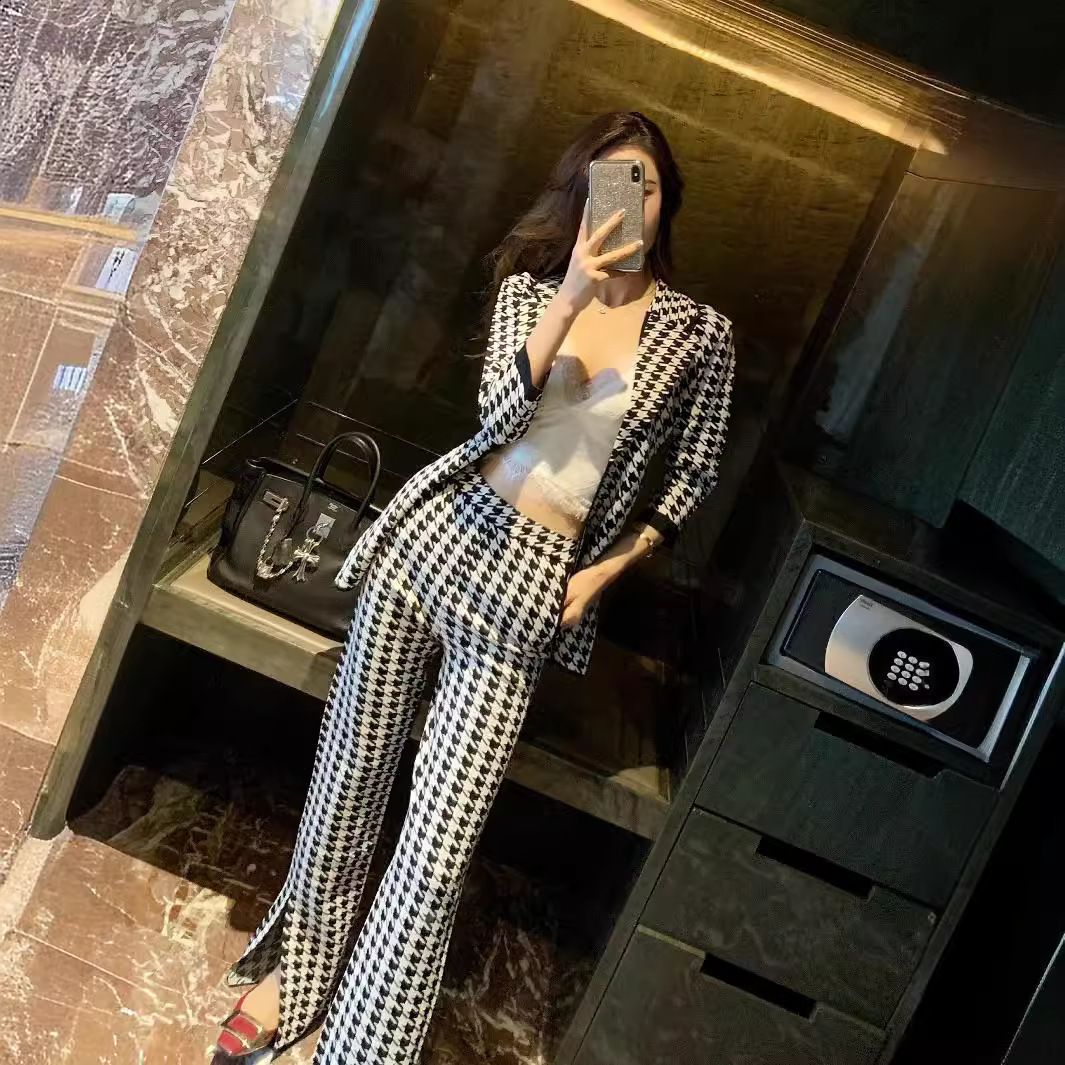 Houndstooth Women Long Sleeve Turn down Collar Jacket & long Pants Autumn Winter 2 Pieces Set for Women Outfits Lady Pants Sets LJ201126