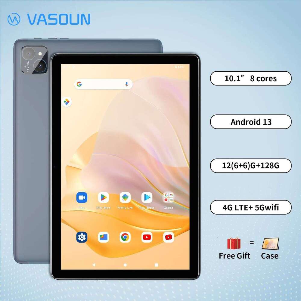 VASOUN Android 14 Tablet 10.1", 12Gb(6+6 Expand) Ram, 128Gb Rom, Octa Core, Dual SIM 4G Unlocked With 2.4G/5G Wifi GPS