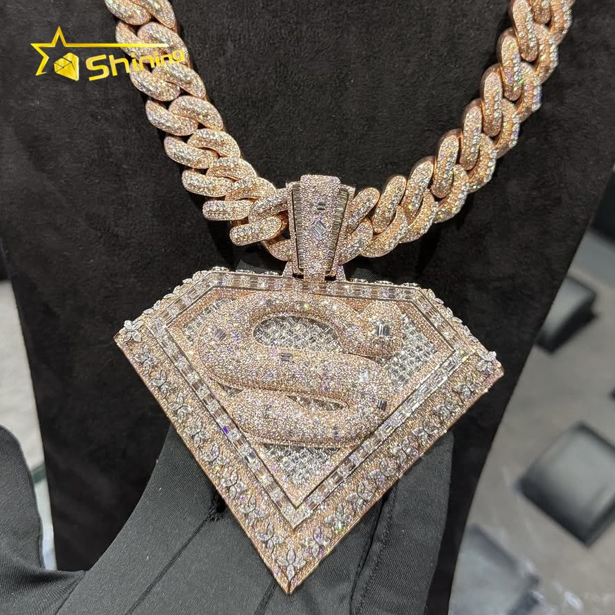 25inch Width Fancy Cut 3D Design Emerald Cut Setting Lab Grown Diamond Custom Name S Pendant 10K Rose Gold VVS1