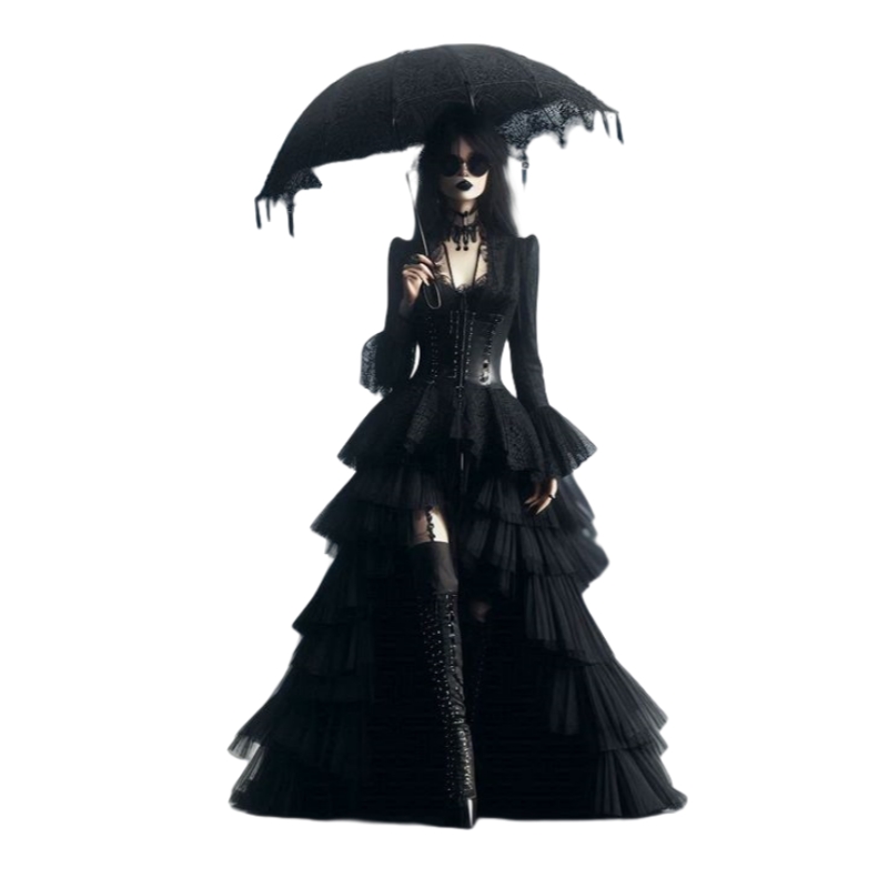 Vampire Black Gothic Prom Dresses Split Tiers Tulle Long Special Occasion Gowns Corset Flare Long Sleeves Lace Vintage Evening Dress