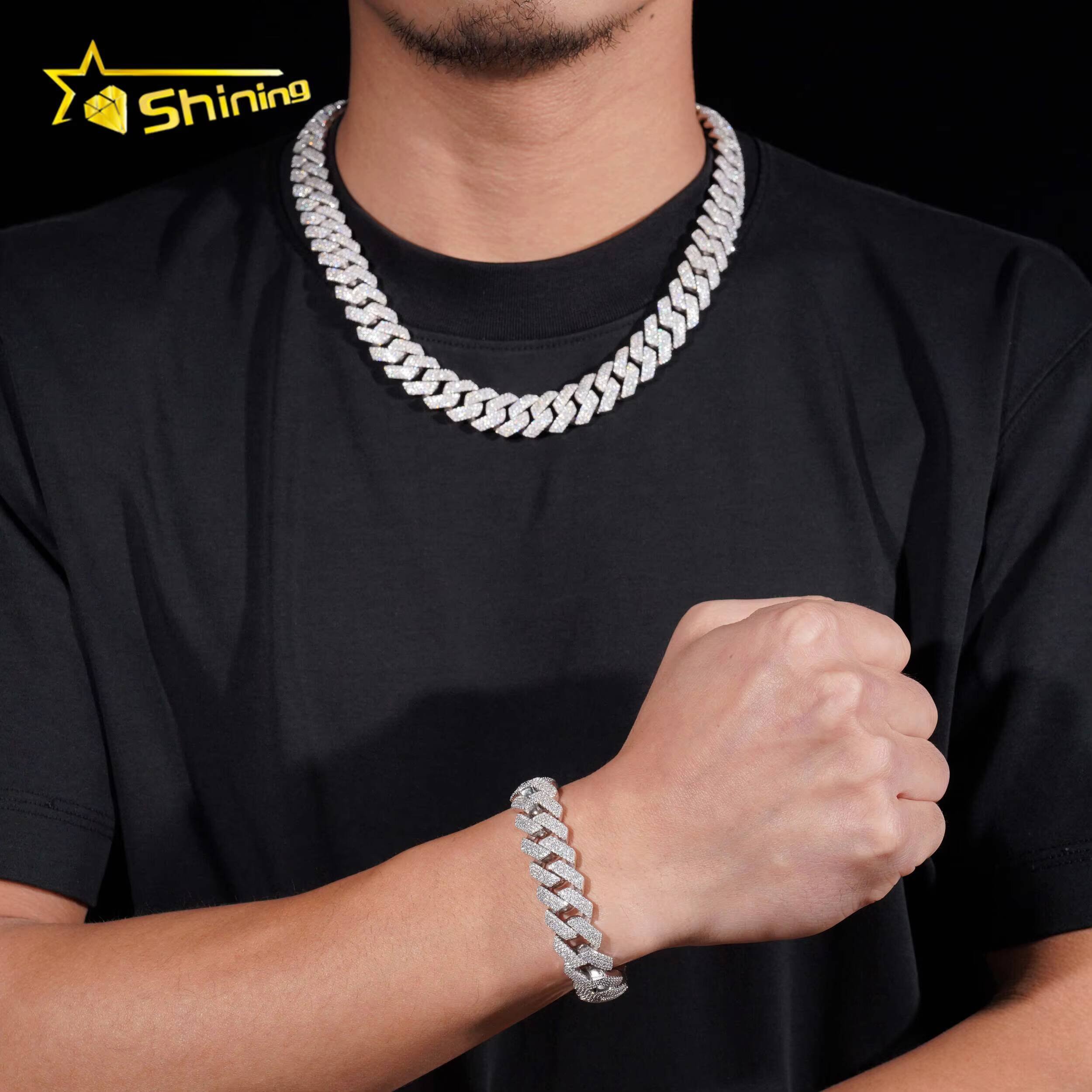 Fast Shipping 15mm 4Rows Shining Vvs Moissnaite Pass Diamond Test Iced Out Hip Hop Sterling Silver 925 Gold Plated Cuban Chain