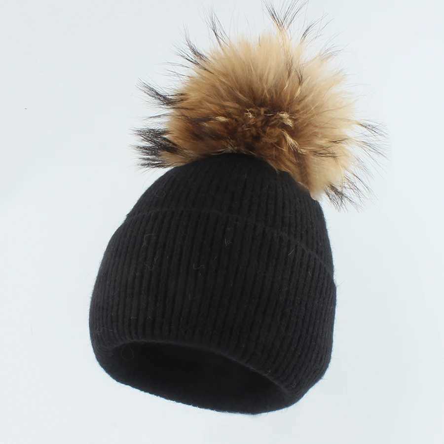 New Angora Rabbit Fur Knitted Beanie Hat Women Winter Real Raccoon Fur Pom Hats Warm Soild Color Ear Protection Warm CXJ250910
