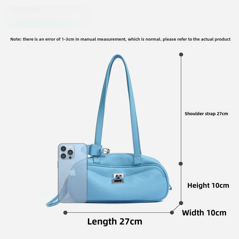 Women's Boston Bag Designer Ice Blue Pink Color Head Layer Cowhide Leather Long-Handle Tote Soft Calfskin Women's Armpit Shoulder Bag
