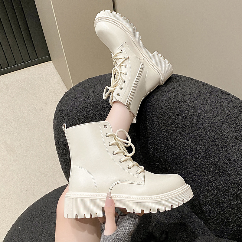 Women's autumn and winter new designer short boots with wool lining retro white short boots thick soled British motorcycle boots
