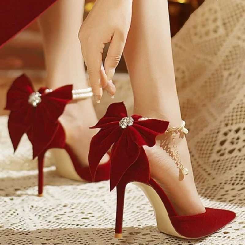 Red wedding shoes new pointy stiletto high heels female shallow mouth bow pearl one word buckle strap two wear bride shoes W250910