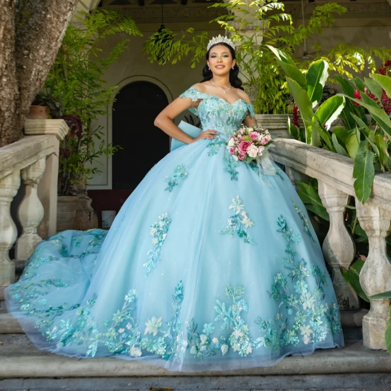 Water Blue Shiny Quinceanera Dresses Ball Gown Off The Shoulder Sequin Applique Lace Beads Bow Tull Sweet 16 Dress Vestidos 15 De Anos
