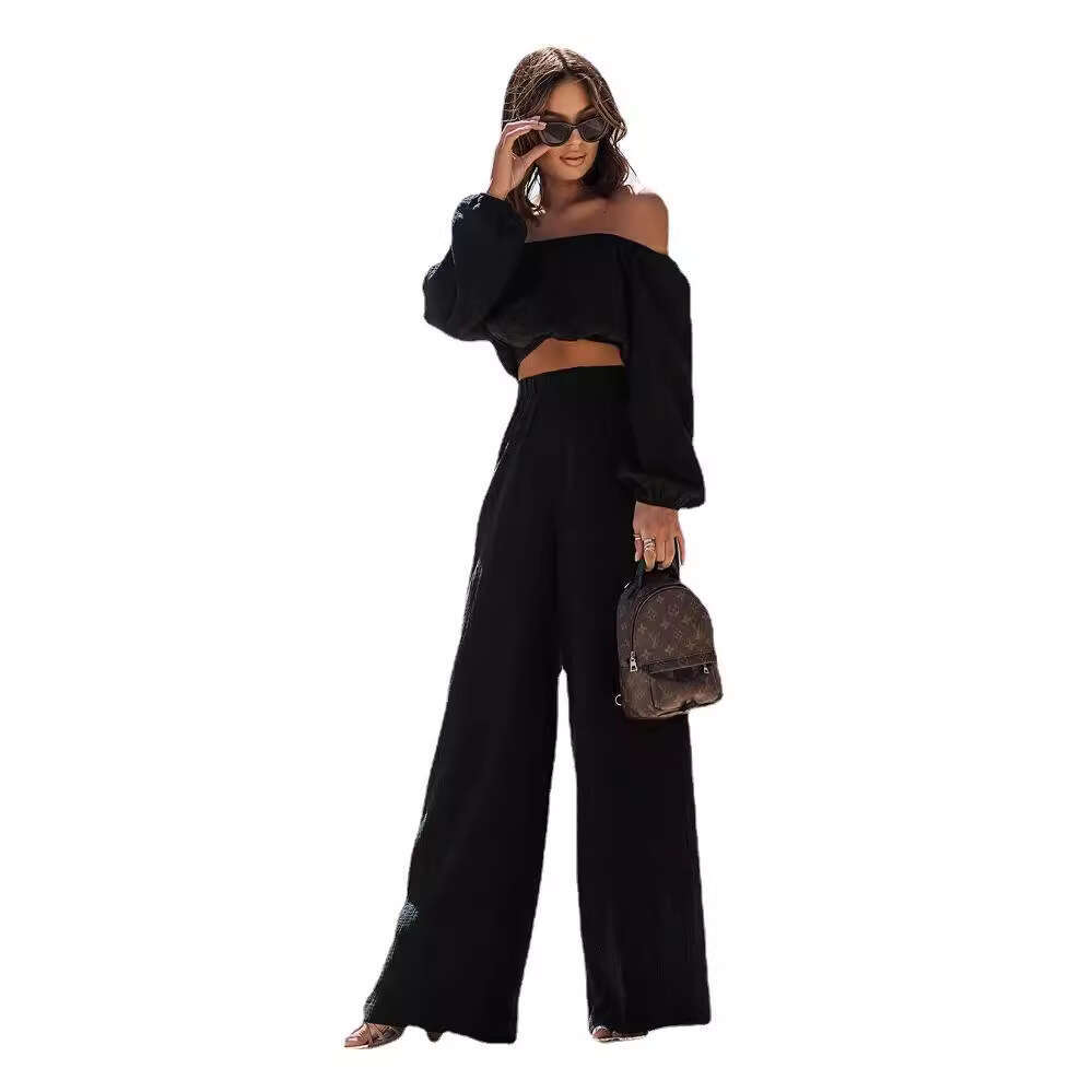 2024 European and American new short-sleeved off-shoulder top straight-leg pants solid color commuting two-piece set