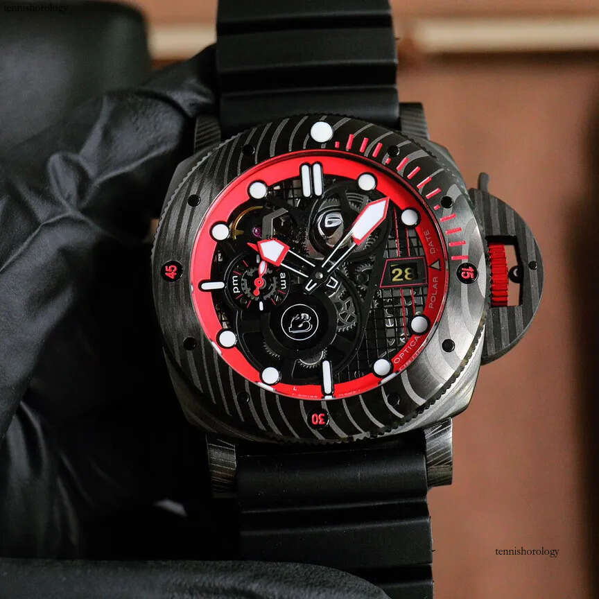 Hig Qulaity Watches Men Automatic Movement 47mm Skeleton Watch Black Stainless Steel Case Rubber Strap Relojes Sports Fashion Wristwatch Montre De Luxe PAM