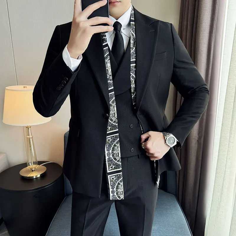 JacketPantsVest Fashion Men Solid Color Scarf Collar Suits Gentleman Court Wedding Banquet Party Tuxedo Slim Fit 3 Piece Set W250910