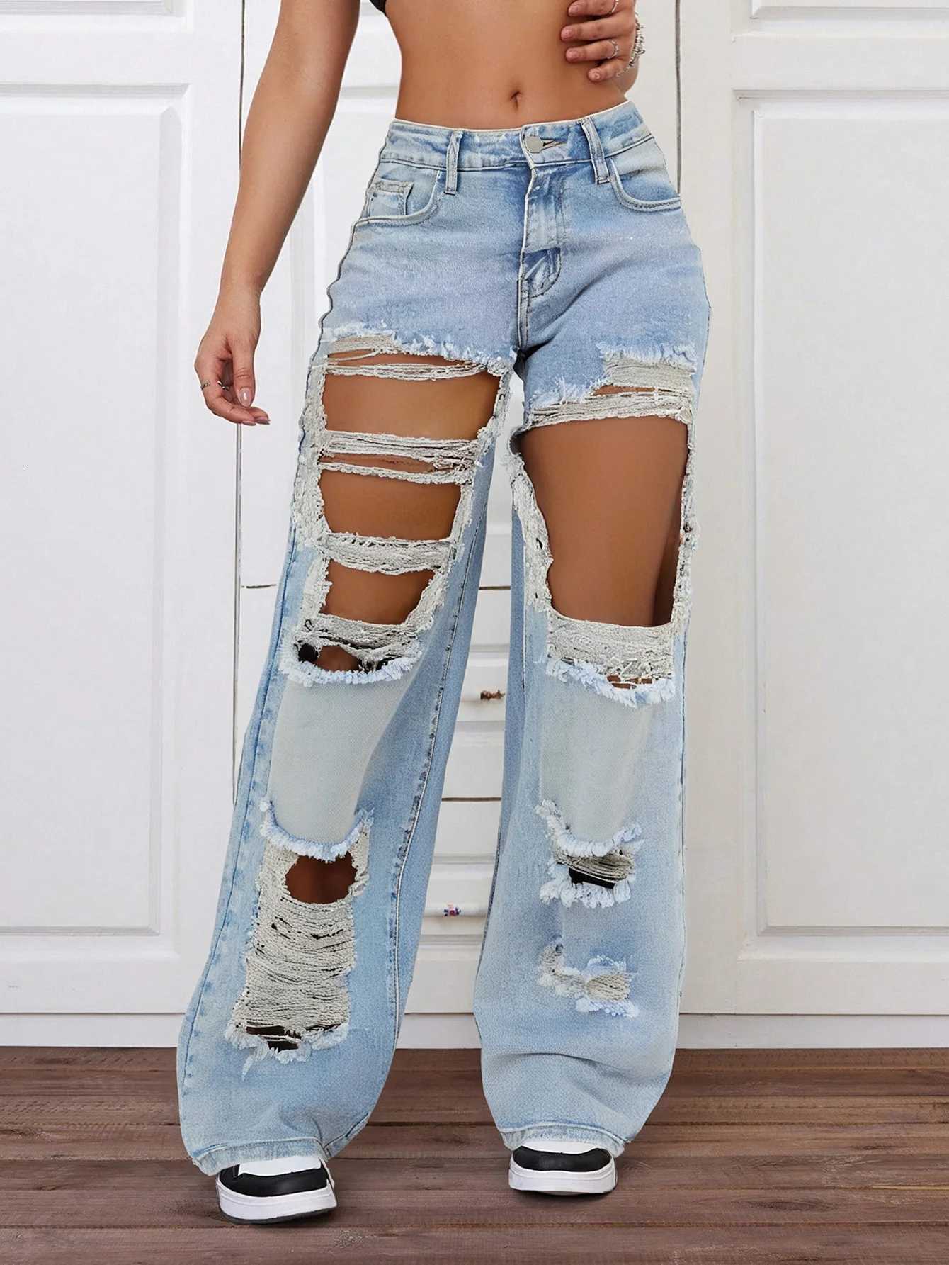 Womens Light Blue Distressed Wide Leg Jeans Extreme Ripped Style Z250910