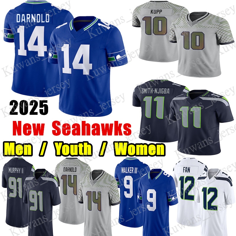 #10 Cooper Kupp Football Jersey #14 Sam Darnold Jaxon Smith-Njigba Kenneth Walker III Devon Witherspoon Drew Lock Demarcus Lawrence Byron Murphy II Grey Zabel jerseys