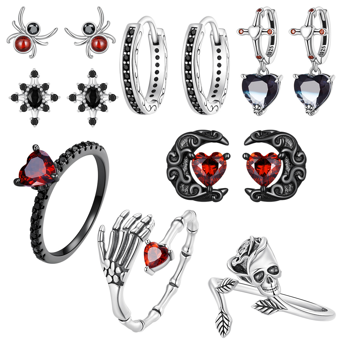Cult Classic Motif Accessories: Spooky Blackened Steel Skully Charm Trio Including Studs & Bracelet