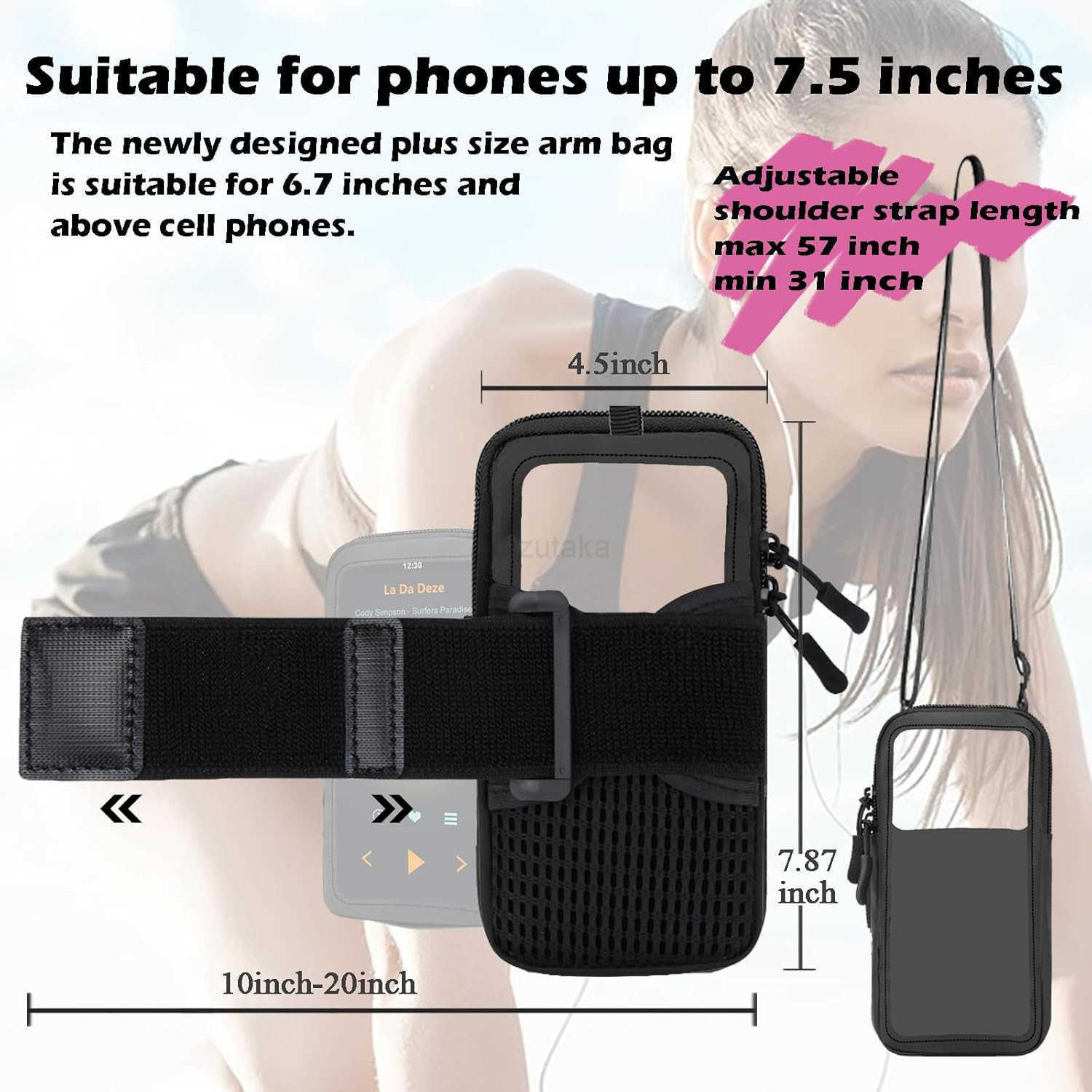Phone Holder for Running Walking and Workout Adjustable Arm Band Armband for iPhone and Cell Phones Clear Crossbody Phone Pouch Purse with Strap for W