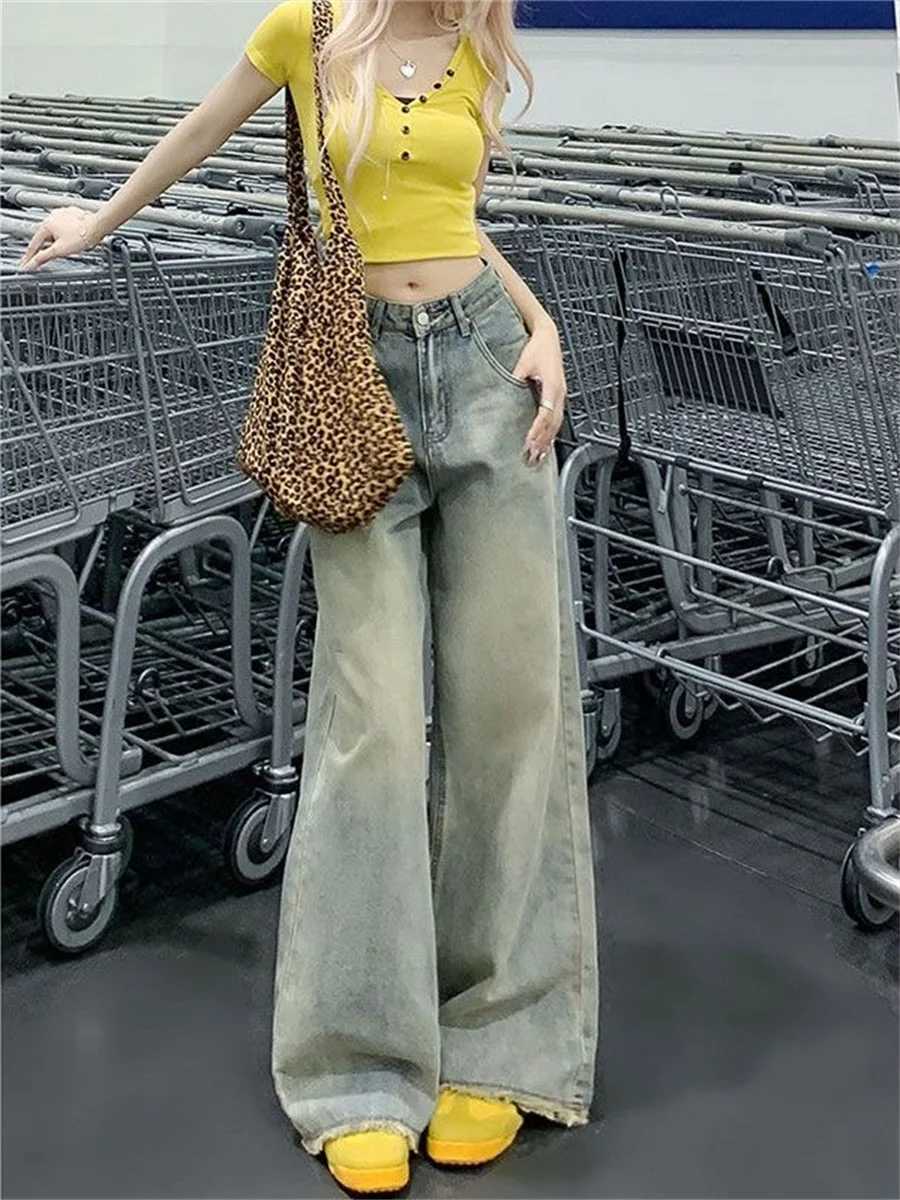 Botvotee Womens Vintage Washed Wide Leg Jeans High Waist Distressed Denim Pants Raw Hem Straight Loose Fit Long Trousers Z250910