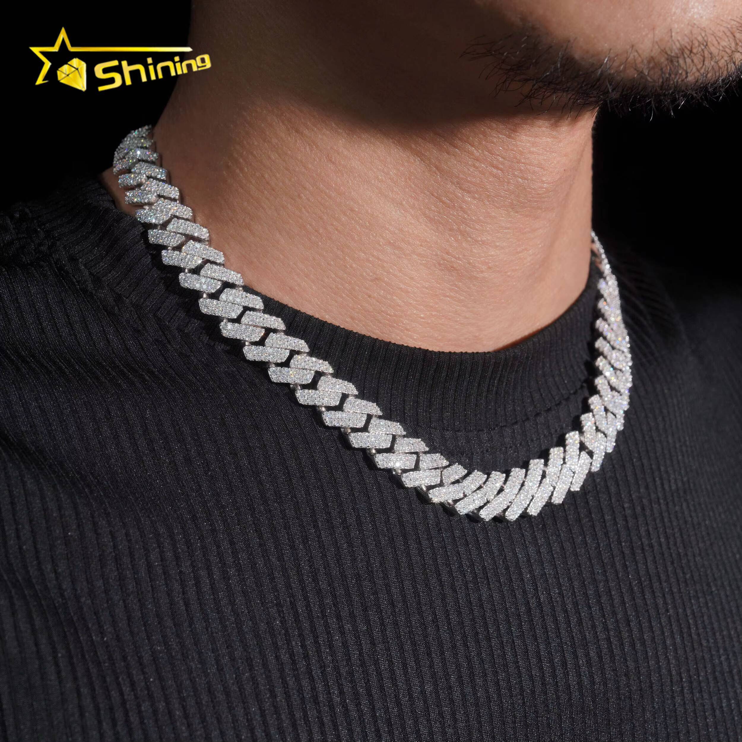 New Style 13mm 2 Rows Solid 925 Sterling Silver Men Hip Hop Jewelry Iced Out VVS Moissanite Cuban Link Chain Necklace