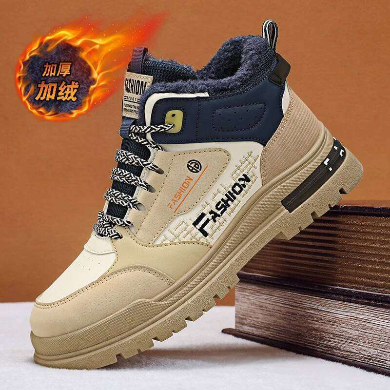 Men's 2025 new winter fleece warm cotton shoes, thick-soled work protection men's shoes, leather surface outdoor work boots