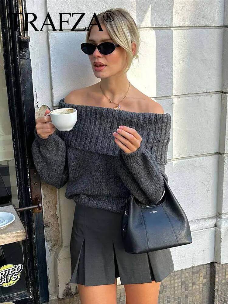 TRAFZA Women Fashion Solid Off Shoulder Long Sleeve Knitted Pullover Sweater Autumn Female Casual Knitwear Chic Top dongdumaoyi