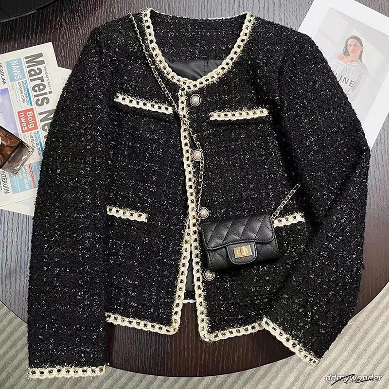 Black Short Jacket Temperament Elegant Tweed Jackets For Women Autumn And Winter Korean Office Lady Cropped Outerwear 240821