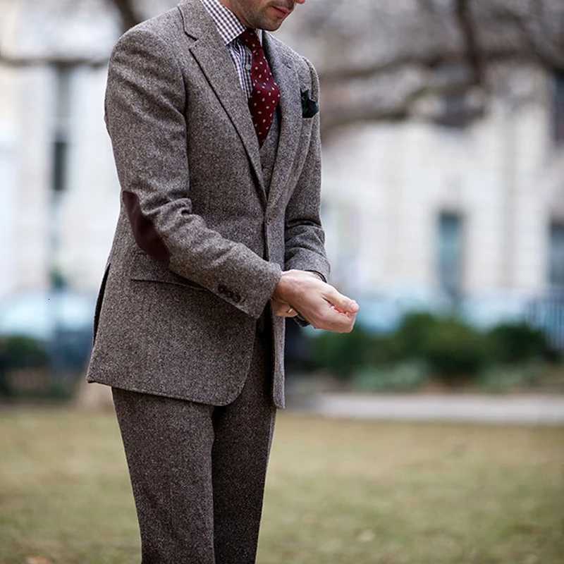 Latest 3 Piece Tweed Wool Men Suits for Winter Groom Tuxedo Male Fashion Wedding Costume Homme Jacket Vest Pants Tailor Made W250910