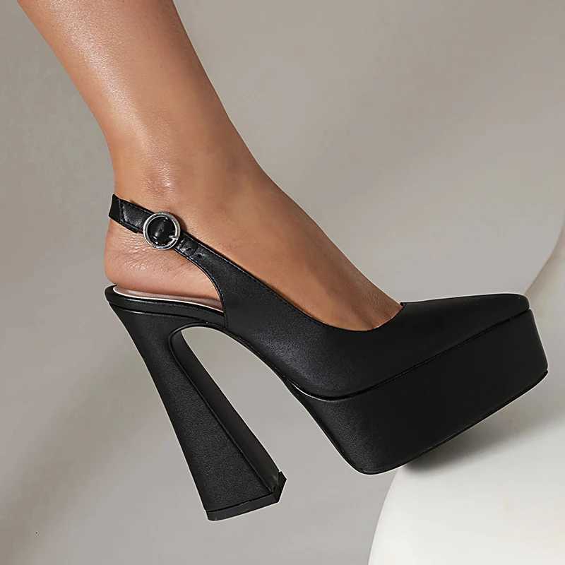 LIHUAMAO Pumps high heel shoes women slingback heel pointed toe ankle strap platform shoes party office lady chunky heel W250910