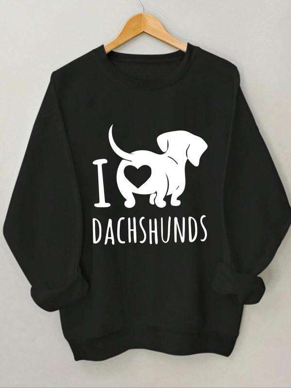 Women's Dachshund Heart Print Drop Shoulder Sweatshirt, Casual Long Sleeve Round Neck Pullover Spring & Fall, Ladies Clothes for Daily Wear