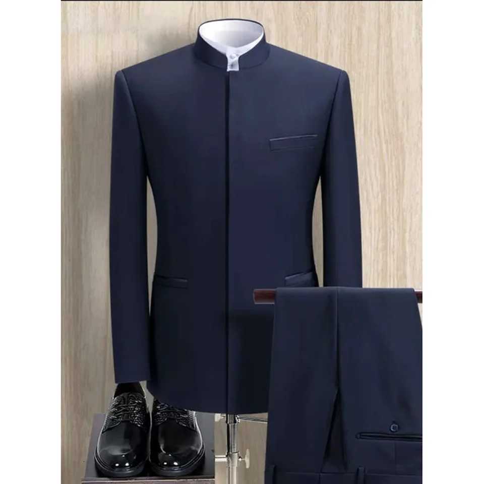 Fashion Solid Men Suits 2 Piece Stand Collar Long Sleeves Formal Outfits Chic Business Casual Wedding Tuxedo BlazerPants W250910