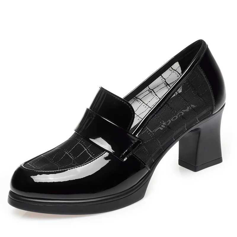 British Style Summer Single Shoes High Heels Waterproof Platform Thick Heel Loafers Mesh Breathable MiddleAged Leather Shoes W250910