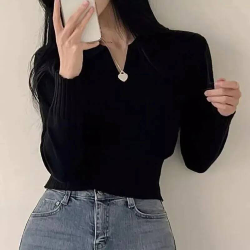 Xpqbb Korean Chic Turndown Collar Sweaters Female Gray Slim Fit Long Sleeve Cropped Sweater for Woman Streetwear Knit Pullovers dongdumaoyi