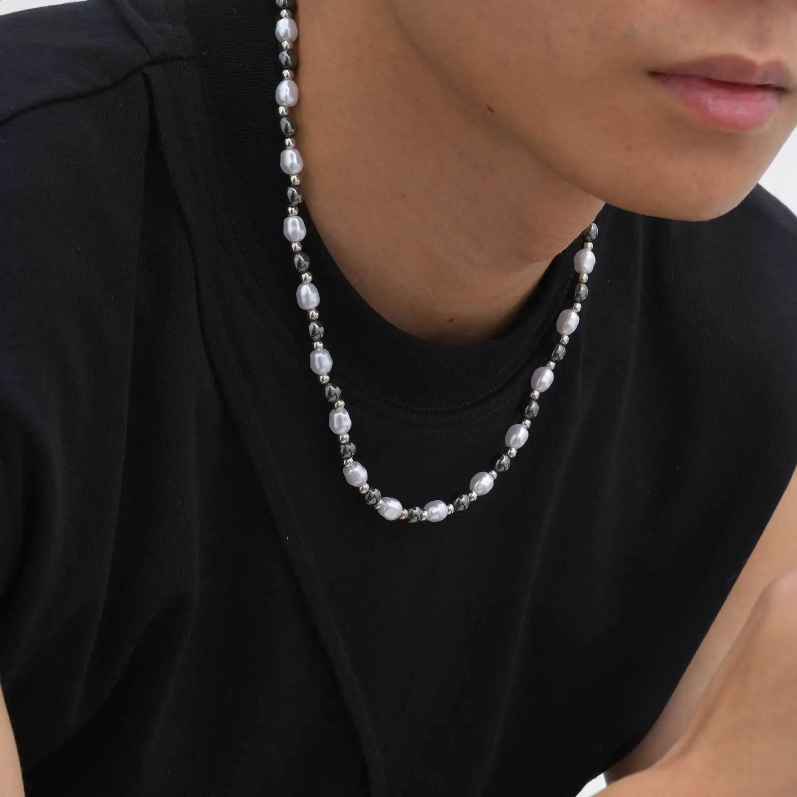 Pearl Bead Necklace for Men BoysNatural Hematite Beaded CollarsHip Hop Simple Jewelry Gifts250909
