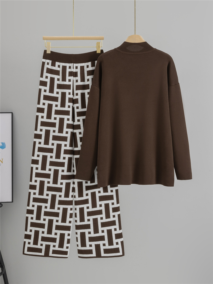 Women's Half High Neck Knit Sweater Set - Casual Wide Leg Pants Two-Piece Outfit