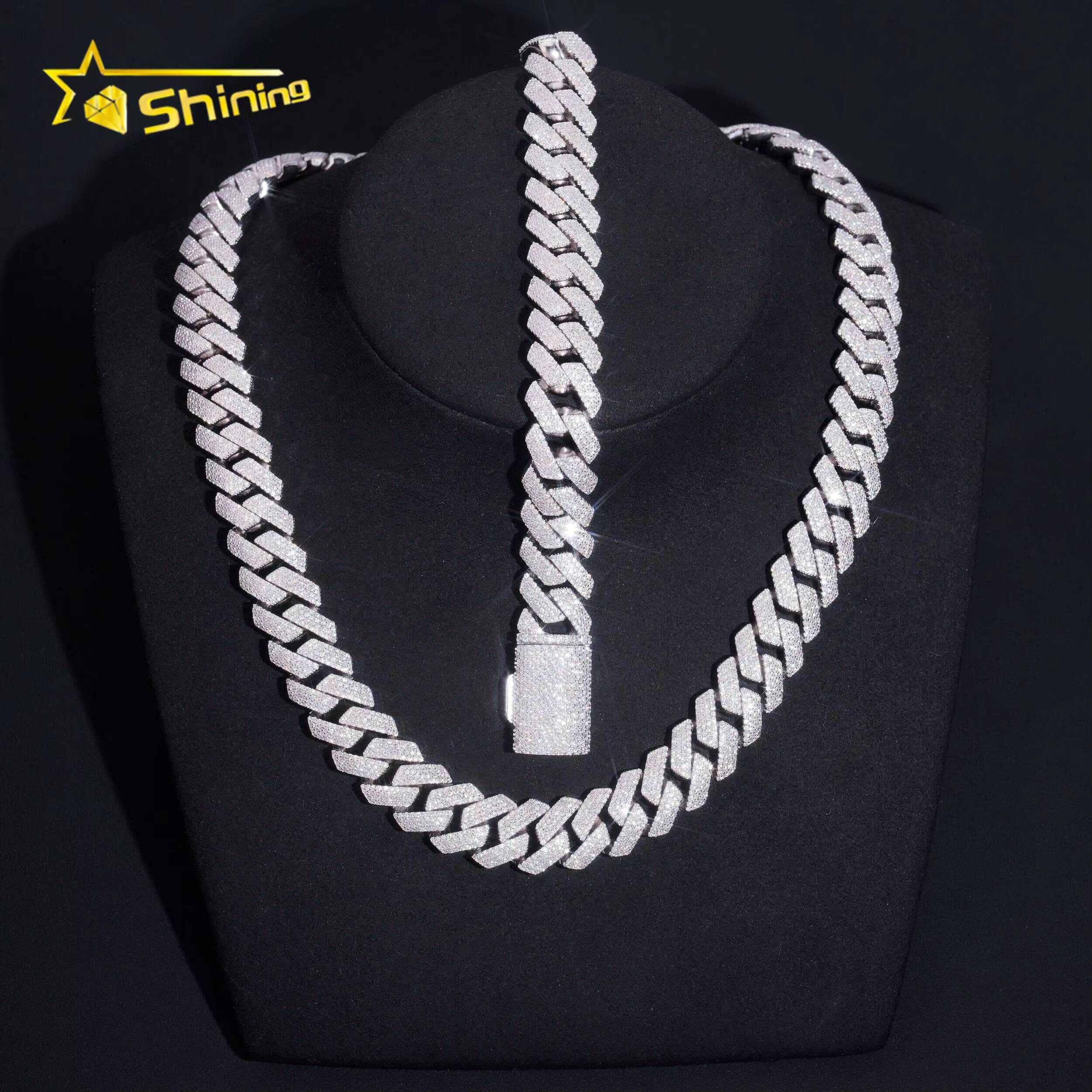Fast Shipping 15mm 4Rows Shining Vvs Moissnaite Pass Diamond Test Iced Out Hip Hop Sterling Silver 925 Gold Plated Cuban Chain