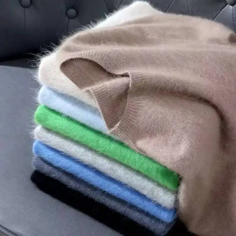 100% Mink Cashmere Knit Sweater Men's T-Shirt Spring Summer Loose O-Neck Solid Color Casual Business Base Pullover Short Sleeve dongdumaoyi
