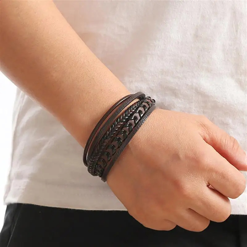 Fashion Braided Rope Woven Multilayer Leather Men Bracelets Punk Mental Magnet Bangle for Friend Charm Jewelry Gifts 250919
