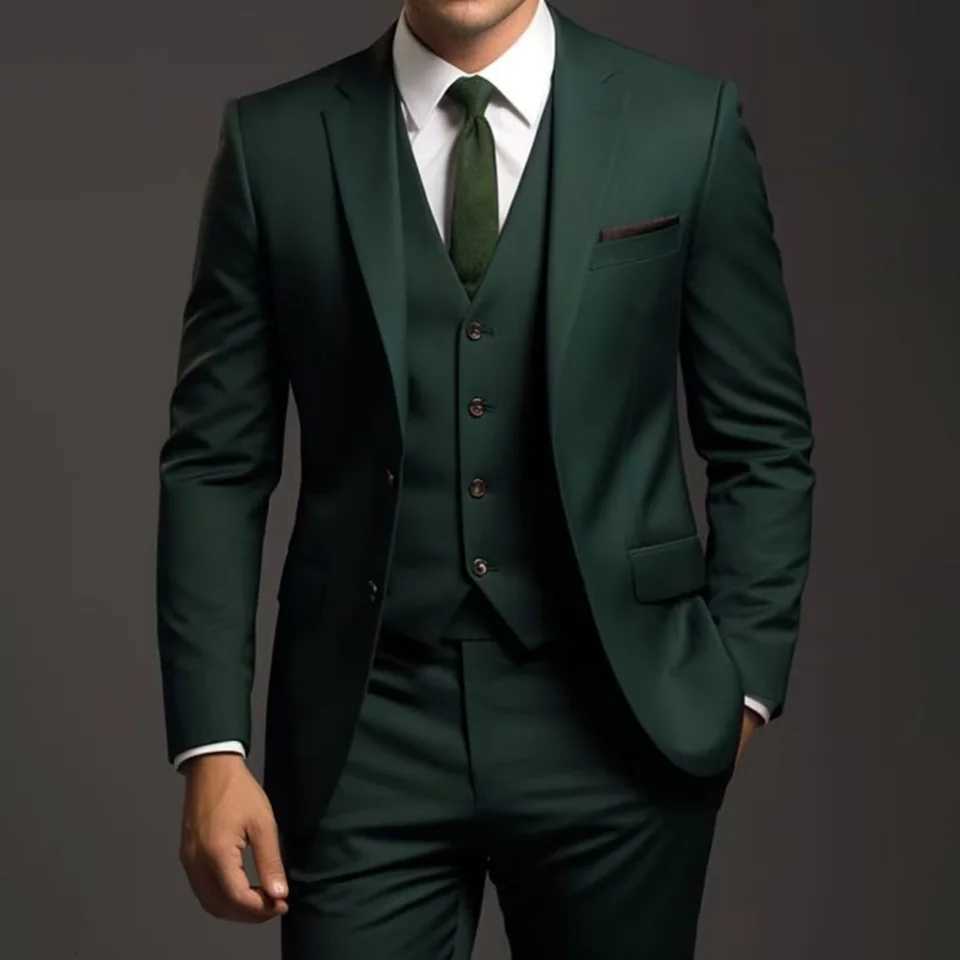 Dark Green Men Suits 3 Piece Set Elegant Single Breasted Notch Lapel Solid Outfits Slim Fashion Business Casual Wedding Suits W250910