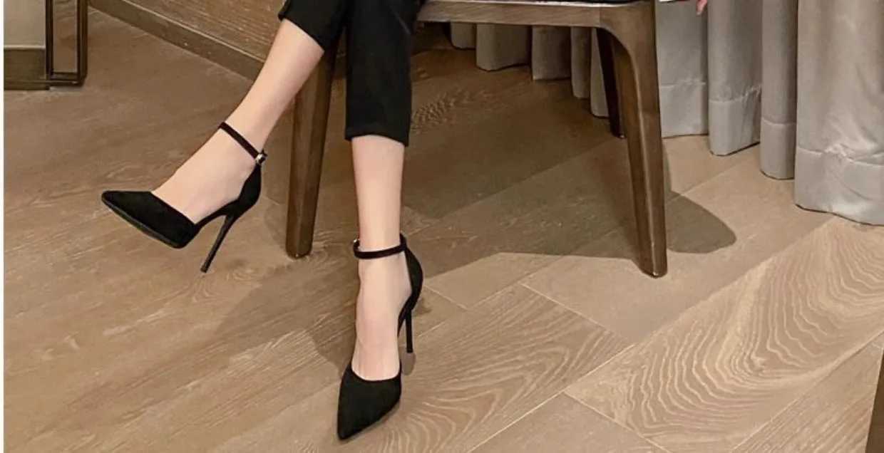 Spring and Autumn High Heel Women 2024 New Versatile Thin Heel Professional L Pointed Black Buckle Strap Single Shoe Women W250910
