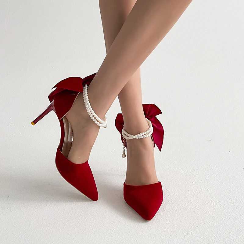Red wedding shoes new pointy stiletto high heels female shallow mouth bow pearl one word buckle strap two wear bride shoes W250910