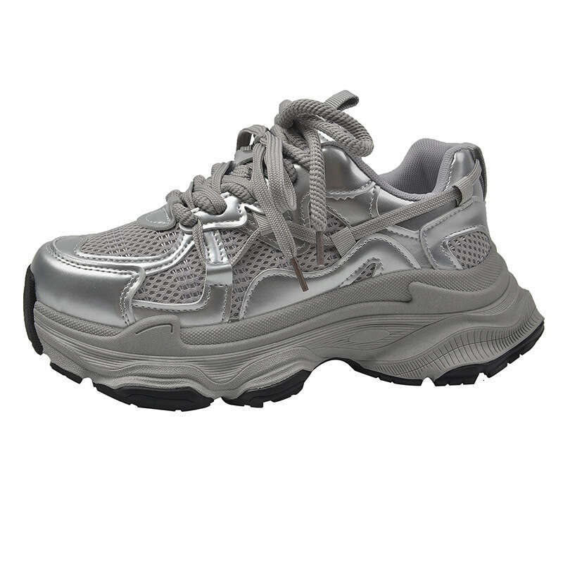 Thick-Soled Dad Sneakers for Women 2025 Spring and Autumn New Mesh Breathable Women's Silver Height-Increasing Casual Sports Shoes